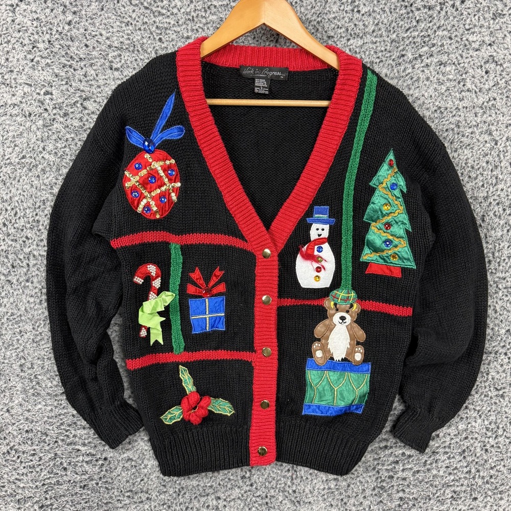 Vintage Ugly Christmas Sweater Womens Large Cardigan Embroidered Presents Gifts